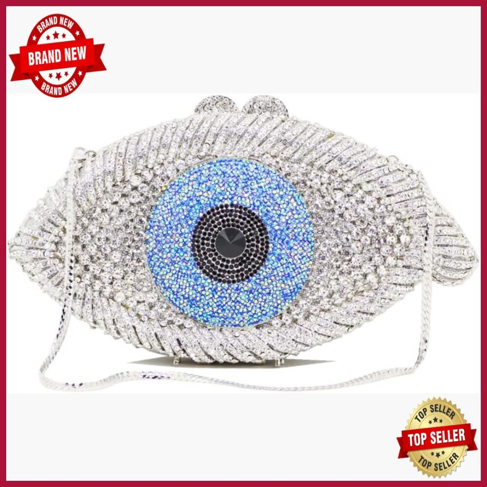 Rhinestone Evil Eye Clutch Evening Bag with Chain Strap for Formal Events